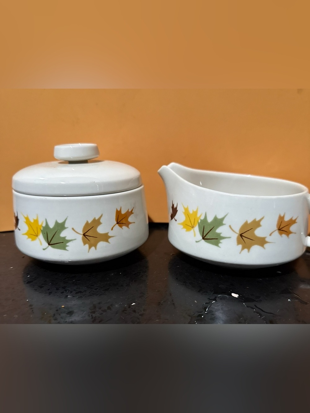 Franciscan Indian Summer White Sugar Bowl and Creamer Set with Autumn Leaf Motif